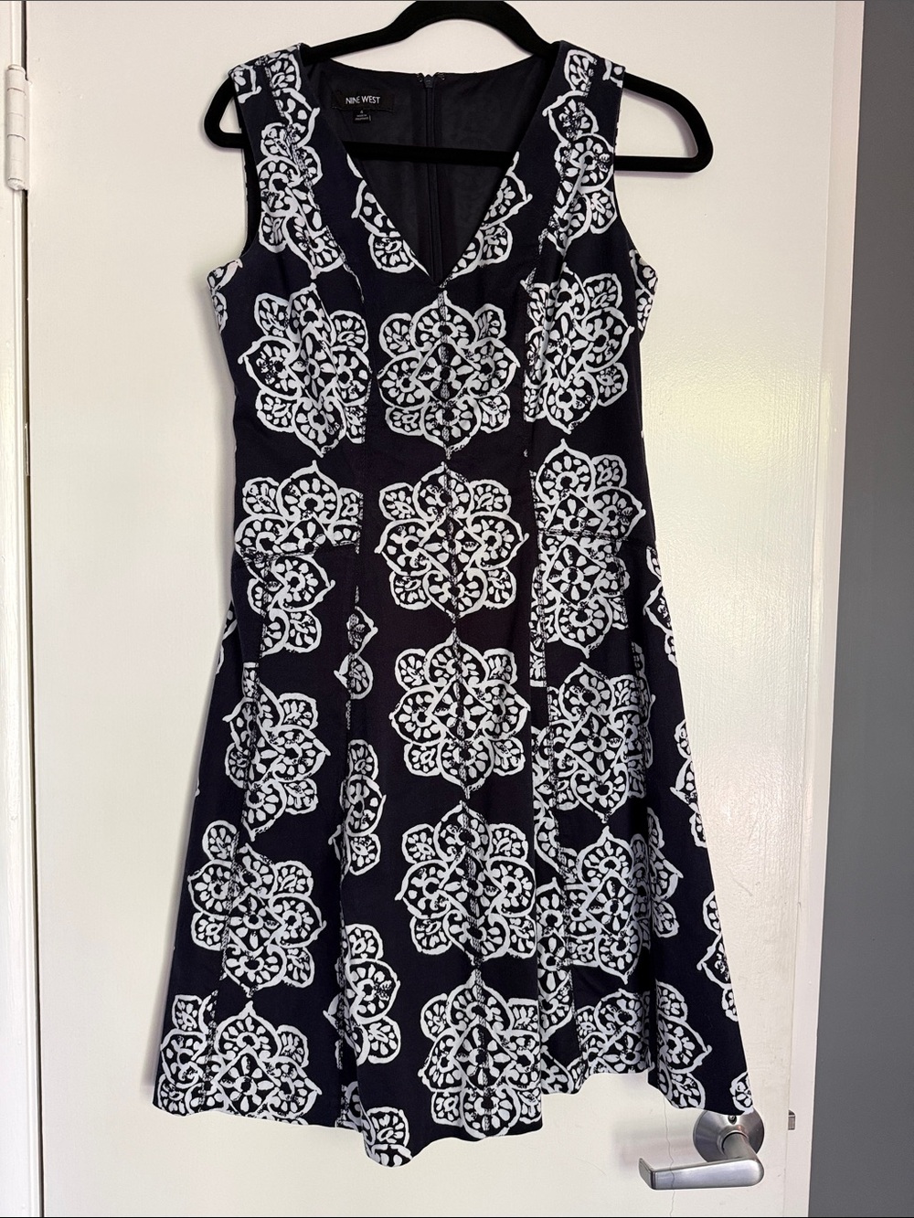 Nine West Black & White V-Neck Fit-and-Flare Midi Dress